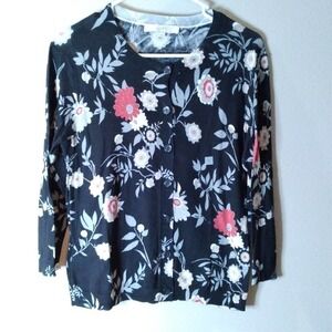ANN Taylor Loft Black Floral Button Down Sweater